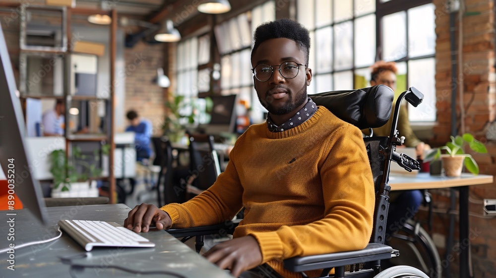 Aufkleber An inclusive workplace where an employee with a disability uses adaptive technology to manage data on a computer Stock Photo with copy space