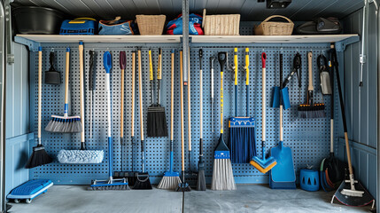 Organized Garage Wall with Cleaning Tools and Equipment

