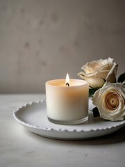 Cup candle in a round tray on a table with flowers. AI generation.