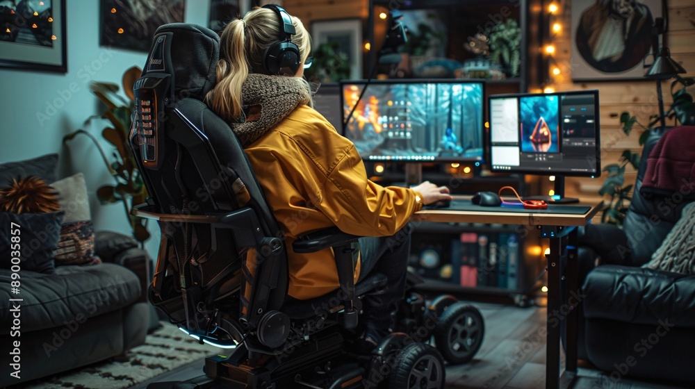 Poster a remote worker with a mobility scooter accessing a height-adjustable desk in a home office environm