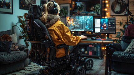 Obraz premium A remote worker with a mobility scooter accessing a height-adjustable desk in a home office environment Stock Photo with copy space