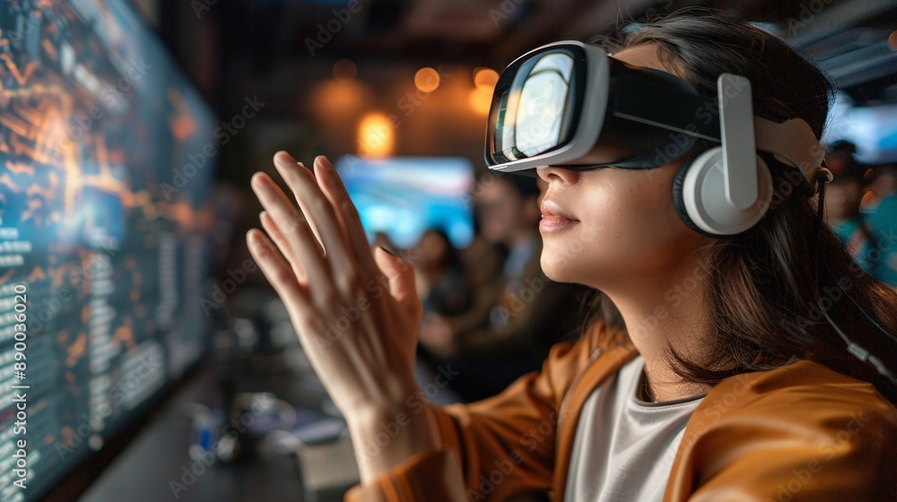 Aufkleber A visually impaired worker using a tactile graphics display to present a project during a virtual meeting Stock Photo with copy space