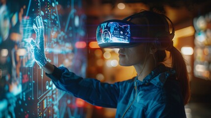 A visually impaired worker using a tactile graphics display to present a project during a virtual meeting Stock Photo with copy space