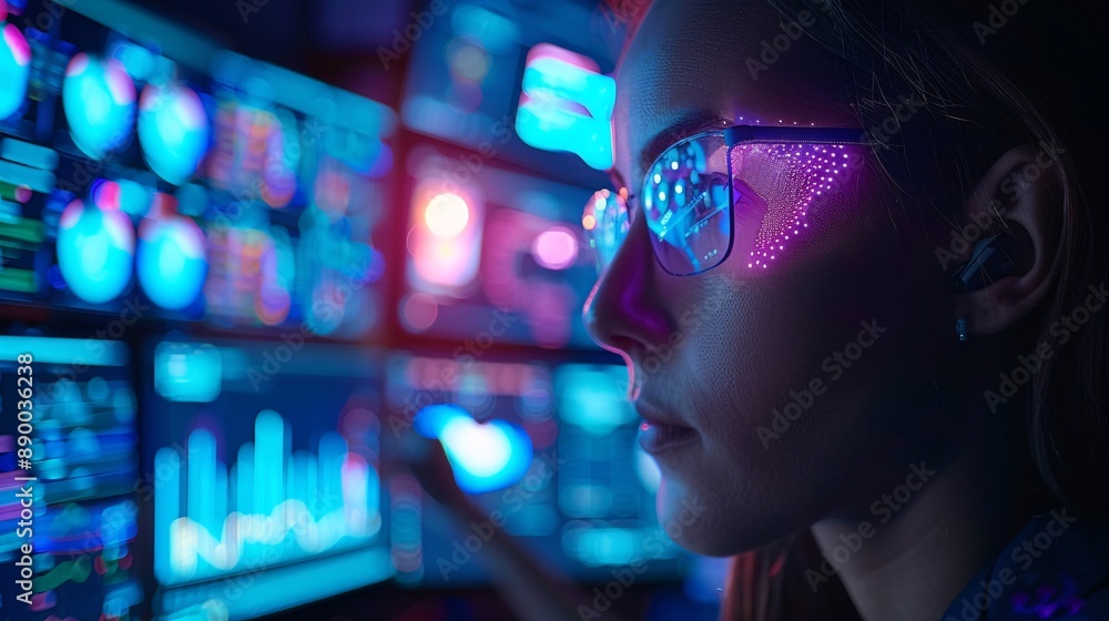Poster A remote worker using eye-tracking software to navigate their computer and complete tasks from home Stock Photo with copy space