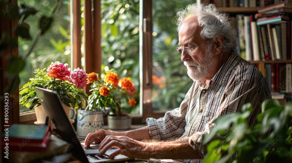 Aufkleber A visually impaired professional using a screen magnifier and other adaptive technology to manage their daily tasks from home Stock Photo with copy space