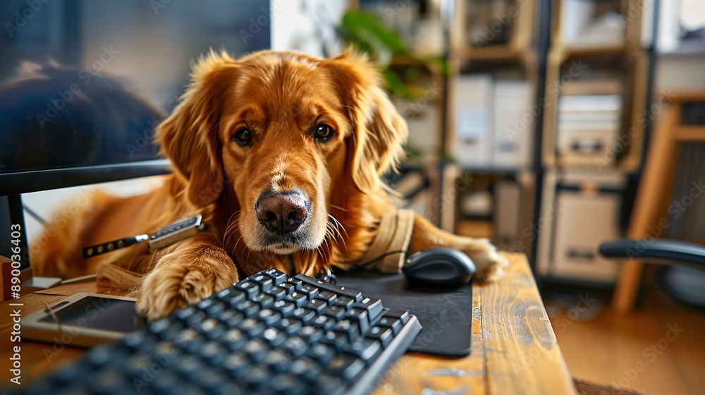Poster A visually impaired professional using a guide dog and a Braille note-taking device while working from home Stock Photo with copy space