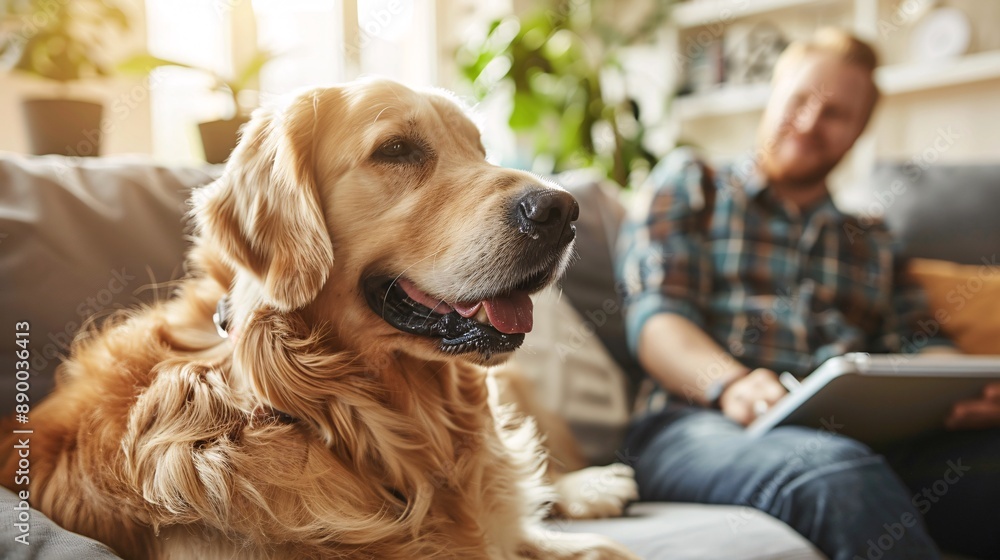 Aufkleber A visually impaired professional using a guide dog and a Braille note-taking device while working from home Stock Photo with copy space