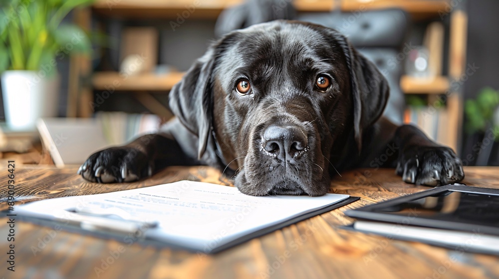 Aufkleber A visually impaired professional using a guide dog and a Braille note-taking device while working from home Stock Photo with copy space