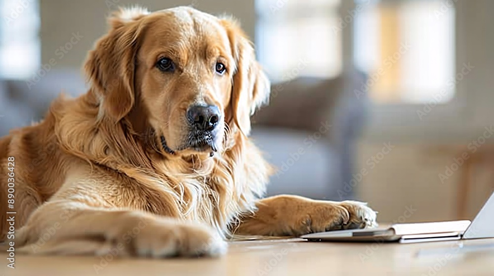Poster A visually impaired professional using a guide dog and a Braille note-taking device while working from home Stock Photo with copy space