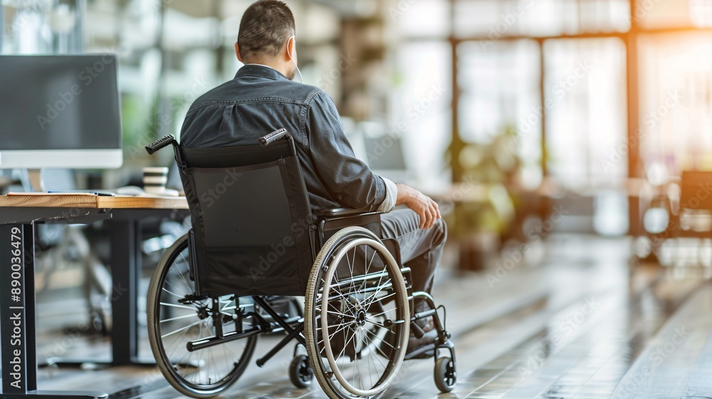 Poster An inclusive remote work environment where a person with a disability uses assistive technology to manage data on a computer Stock Photo with copy space