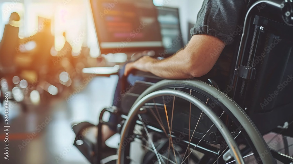 Poster An inclusive remote work environment where a person with a disability uses assistive technology to manage data on a computer Stock Photo with copy space