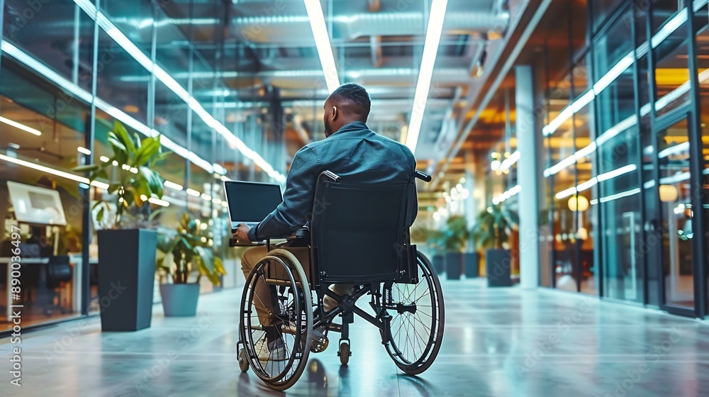 Poster An inclusive remote work environment where a person with a disability uses assistive technology to manage data on a computer Stock Photo with copy space