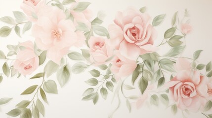 Elegant Pastel Floral Watercolor Painting of Pink Roses and Green Leaves on a Light Background