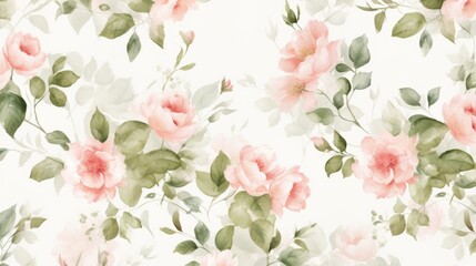 Elegant Floral Pattern with Pink Roses and Green Leaves on White Background, Perfect for Textiles and Wallpapers