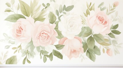 Elegant Floral Wall Mural with Soft Pink and White Roses and Green Leaves in Watercolor Style