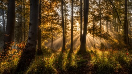 Obraz premium In a forest where the sunlight is gently shining, Generative AI