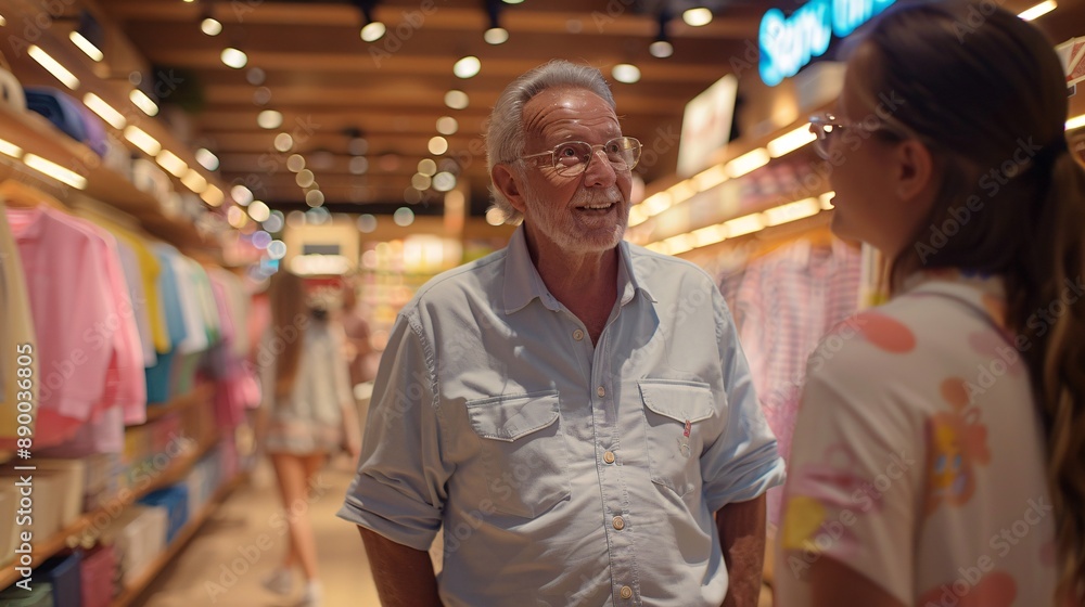 Poster a business owner with a hearing impairment interacting with customers in a retail store stock photo 