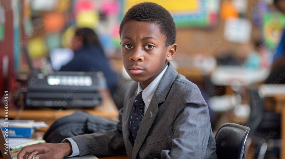 Poster a classroom setting where a visually impaired student uses a braille laptop stock photo with copy sp