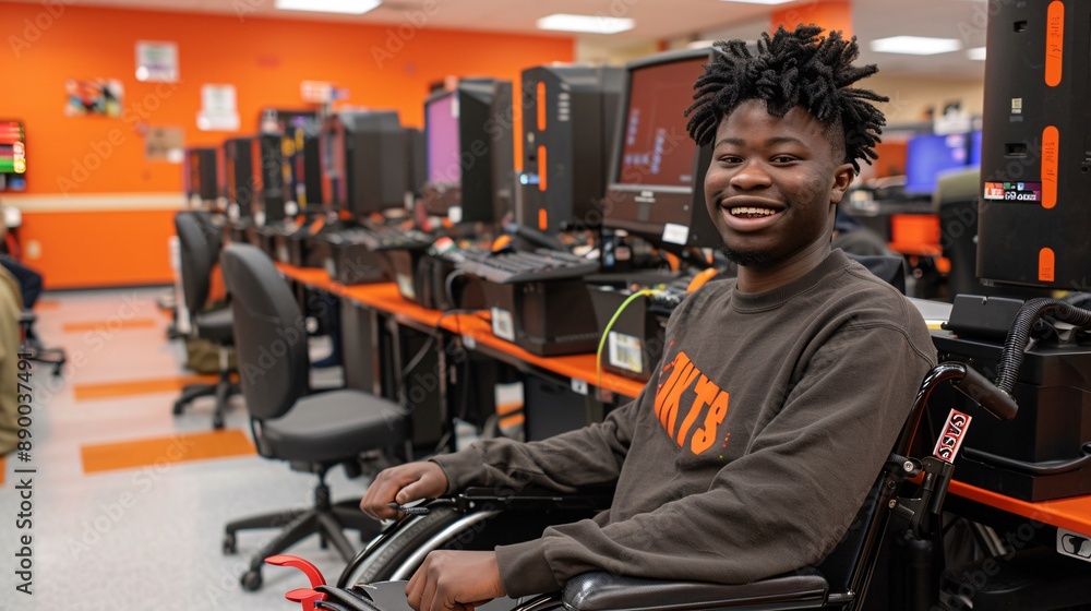 Leinwandbilder A student using a wheelchair learning computer programming in a tech lab Stock Photo with copy space