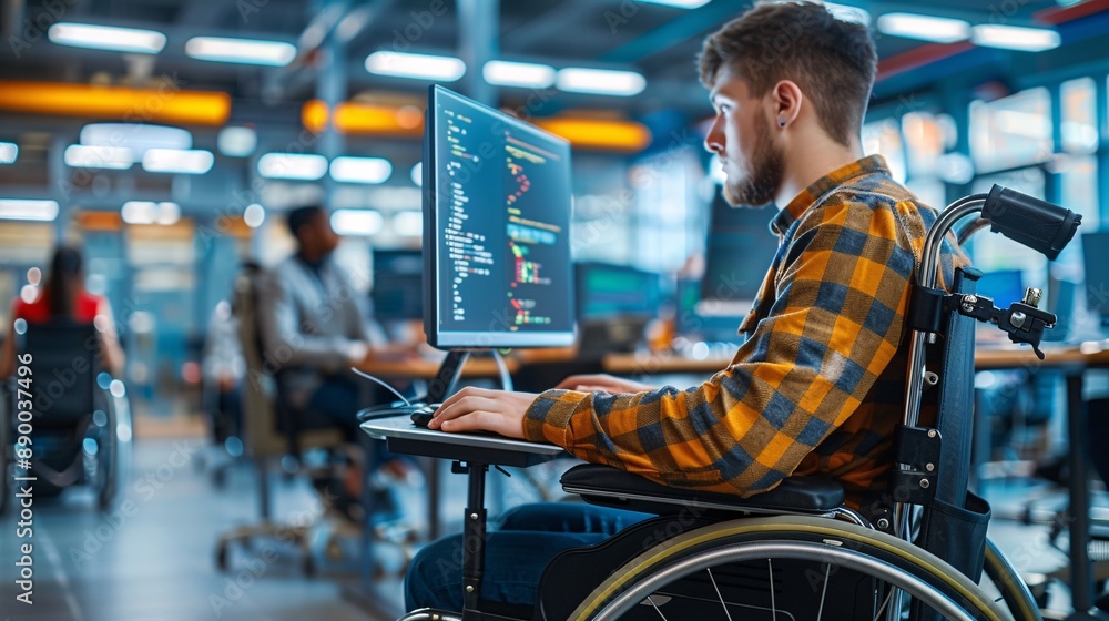 Leinwandbilder A student using a wheelchair learning computer programming in a tech lab Stock Photo with copy space