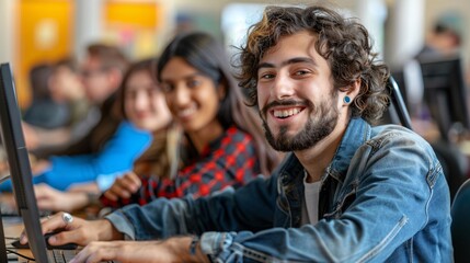 A student using a wheelchair learning computer programming in a tech lab Stock Photo with copy space
