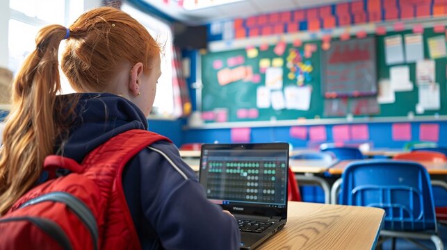 A classroom setting where a visually impaired student uses a Braille laptop Stock Photo with copy space