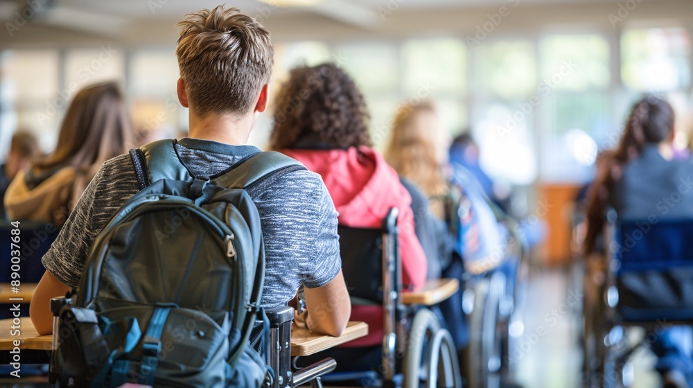 Poster An inclusive classroom where students with disabilities are engaged in group activities Stock Photo with copy space