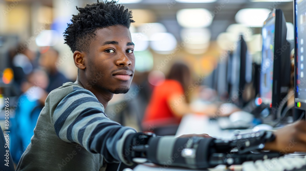 Poster a student with a prosthetic arm learning to operate machinery in a technical training class stock ph
