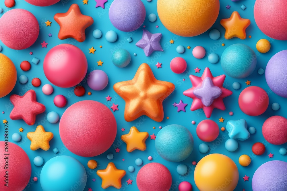 Poster playful 3d geometric shapes in a bright colorful pattern abstract background with spheres stars and 