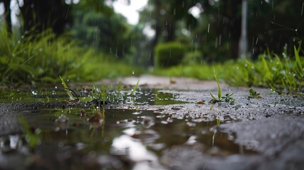Fototapeta premium A serene scene after the rain, featuring glistening wet surfaces, reflecting puddles, and fresh greenery. The environment is tranquil and rejuvenated, showcasing nature's beauty and calmness following