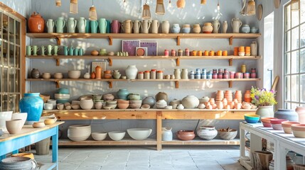 A beautifully decorated pottery studio with shelves filled with colorful pots, vases, and bowls