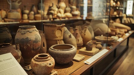 A collection of ancient pottery artifacts displayed in a museum, with informational plaques