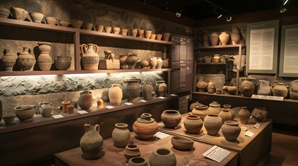 A collection of ancient pottery artifacts displayed in a museum, with informational plaques