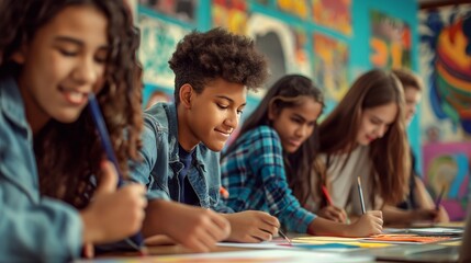 A lively classroom scene featuring teenage students working together on an assignment, their concentration and happiness reflecting the engaging and supportive nature of modern educational practices