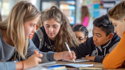 Fototapeta premium A group of teenage students from diverse backgrounds collaborating on a project, their smiles and teamwork showcasing the inclusive and supportive nature of modern educational practices