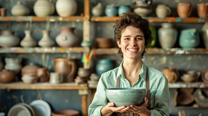 A potter proudly holding a newly finished ceramic piece, with other pottery works in the background