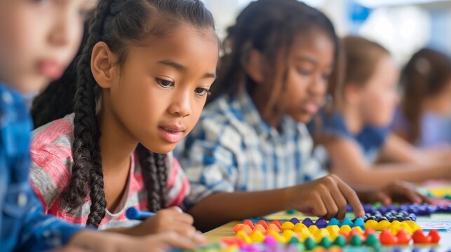 Asian black girl in a classroom setting, diverse young students concentrate on a math exercise involving vibrant manipulatives, the value of tactile learning tools in understanding of mathematics