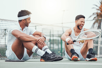 Friends, tennis and break with racket, laughing and happy for match with equipment, court and...
