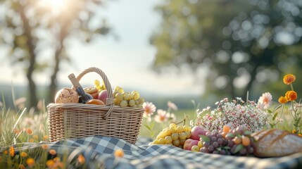 A picnic basket overflowing with food and drink on a checkered blanket.