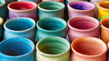 A series of small, colorful clay pots arranged in a gradient pattern, ready for sale