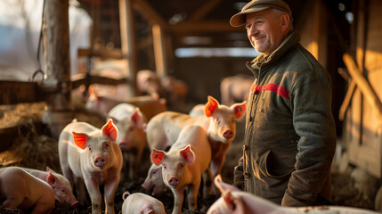 Middle-aged farmer feeding pigs on the farm. Swine of young hogs surround him.