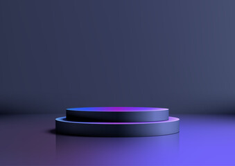 3D black metal podium with neon colors and a smooth surface stands of a purple room. Ideal for technology style product displays, mockups, showrooms