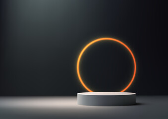 Modern 3D White Podium with Glowing Neon Orange Circle on Dark Room Background for Product Display, Mockup, Showcase