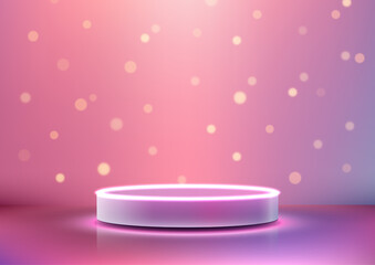 Elegant 3D Round Pink Podium with Neon Light and Bokeh Background, Perfect for Modern Product Displays, Showroom Mockups, and Showcase