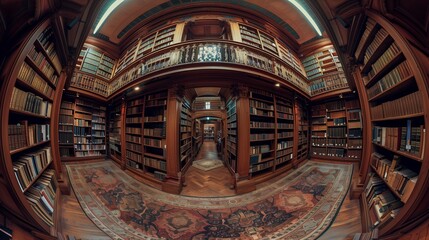 Obraz premium A fisheye view of packed library bookshelves creates an immersive sense of depth and wonder.