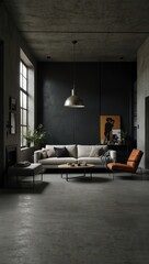 Fototapeta premium Industrial Living Room with Concrete Walls and Exposed Ceiling