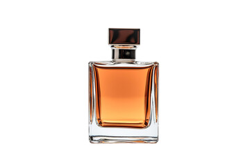 A Square Bottle of Amber Perfume Reflecting Light on a White Background on a Clear PNG or White Background.