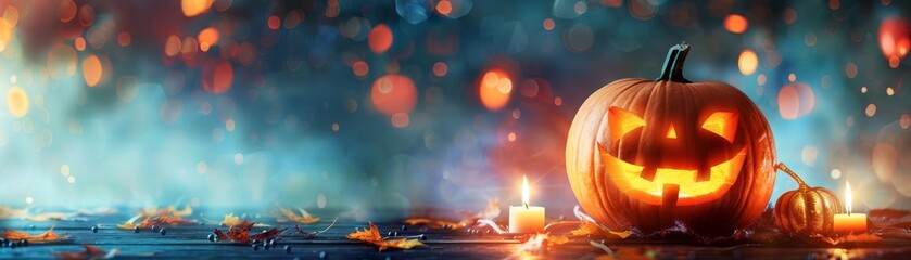 Fototapeta premium Halloween Pumpkin with Candles and Autumn Leaves