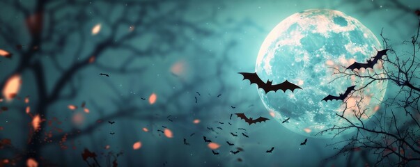 Halloween Night with Bats and Full Moon