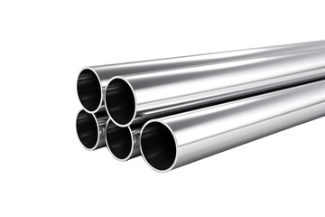 A Stack of Shiny Steel Pipes Reflecting Light Against a White Background on a Clear PNG or White Background.
